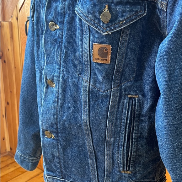 Vintage Carhartt Blue Denim Flannel Lined Trucker Jacket Made in USA J11DST - Picture 5 of 12